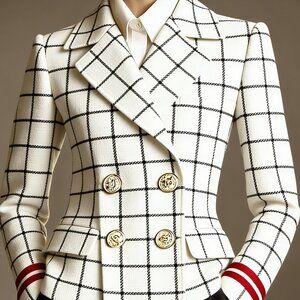 White Windowpane Check Double-Breasted Blazer | Gold Buttons + Red Cuff Stripes